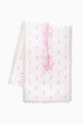 Pink floral printed table runner with lace trim, lightweight drape