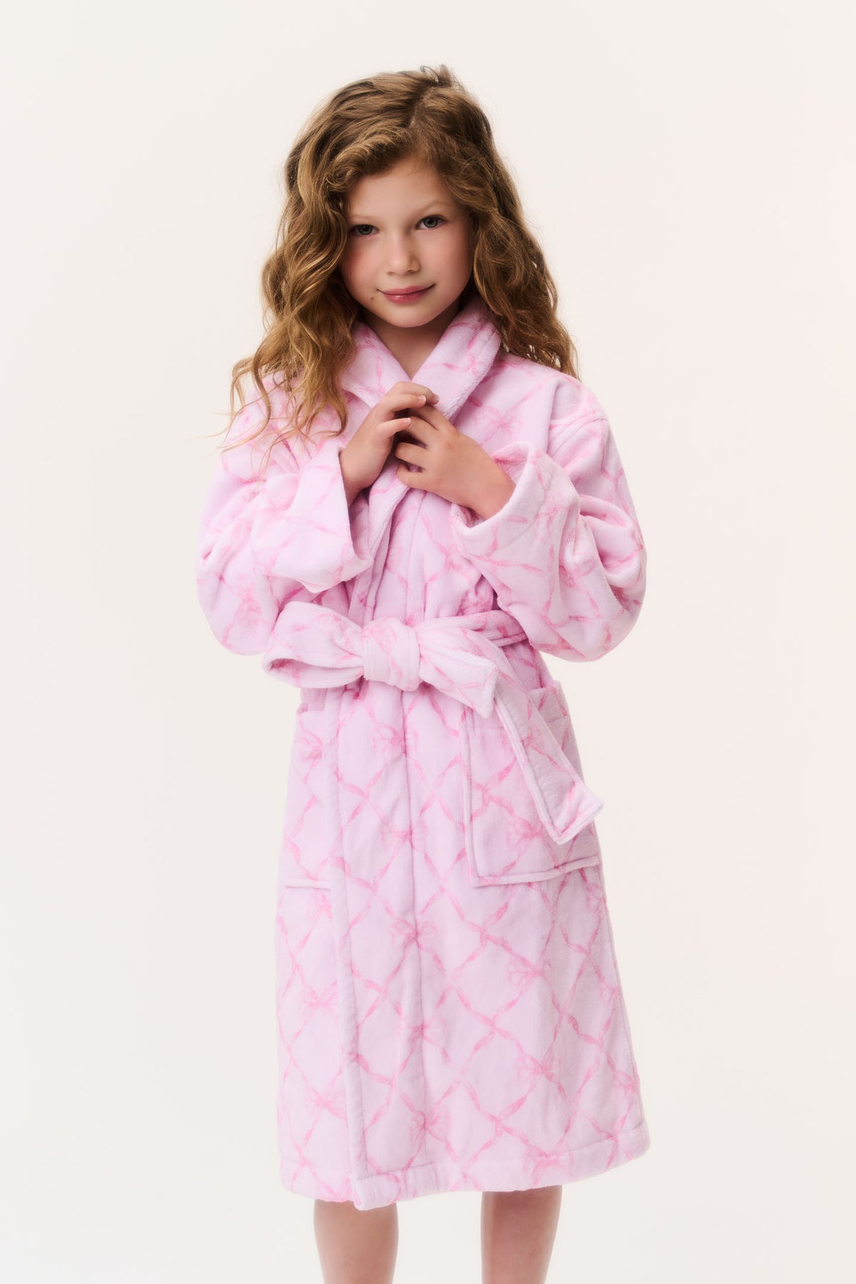 Kids cotton bath robe, pink with light pattern, belt tie, shawl collar, long sleeves