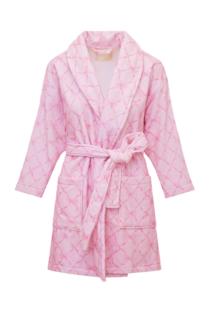 Kids cotton bath robe, pink diamond quilting, hood, and matching belt tie