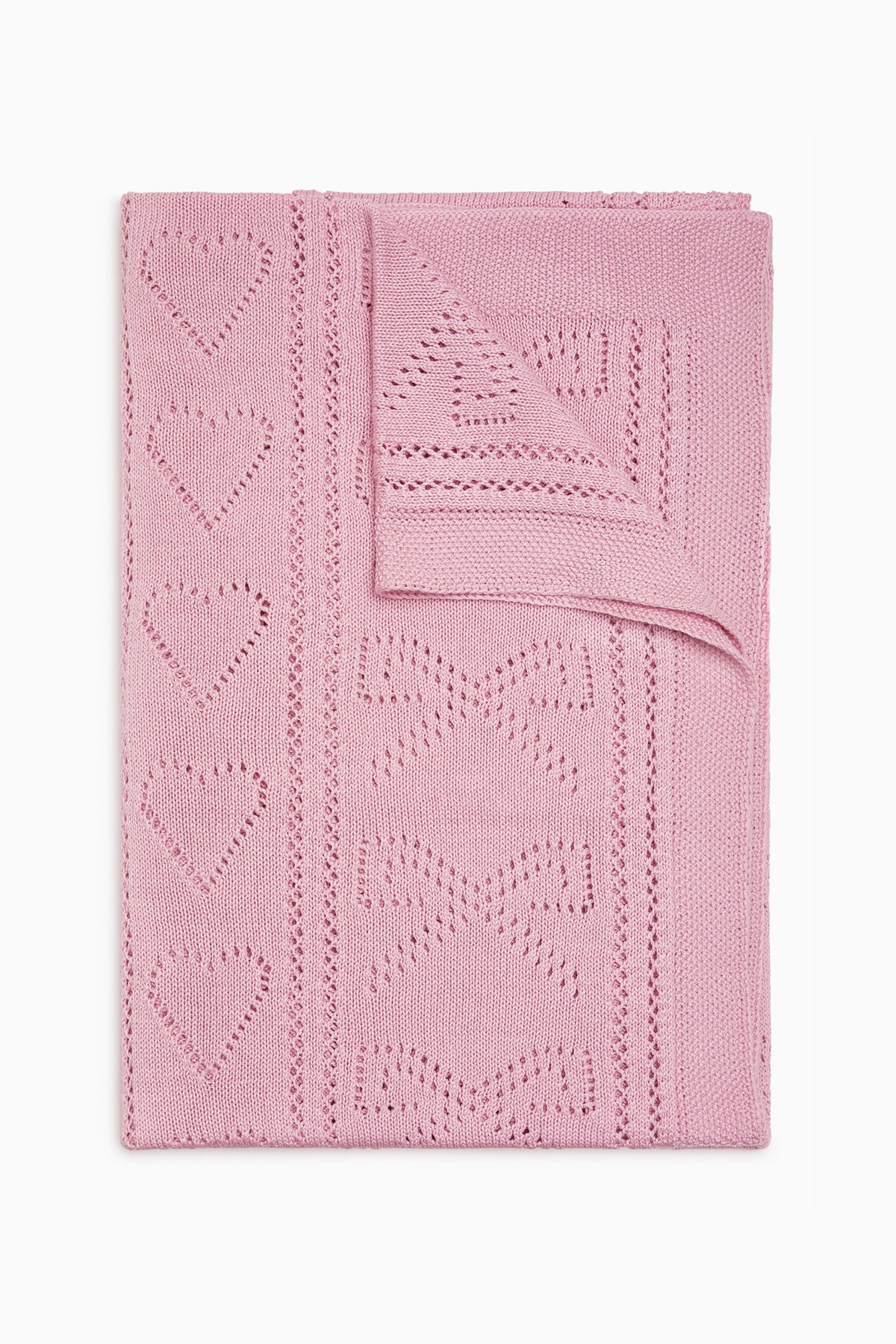 Pink pointelle throw blanket with geometric heart and star pattern