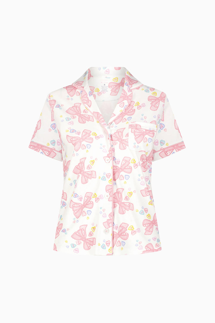 Light pink bow print short-sleeve polo pajama top with button-front