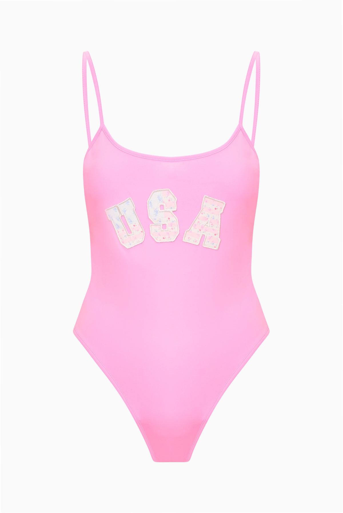 Pink one-piece swimsuit with USA graphic, front view, thin spaghetti straps