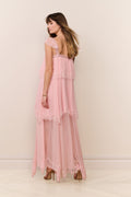 Pink silk chiffon maxi dress with lace trim, back view