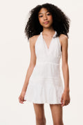 Tween cotton Victorian dress, sleeveless tiered white with scalloped V-neck trim