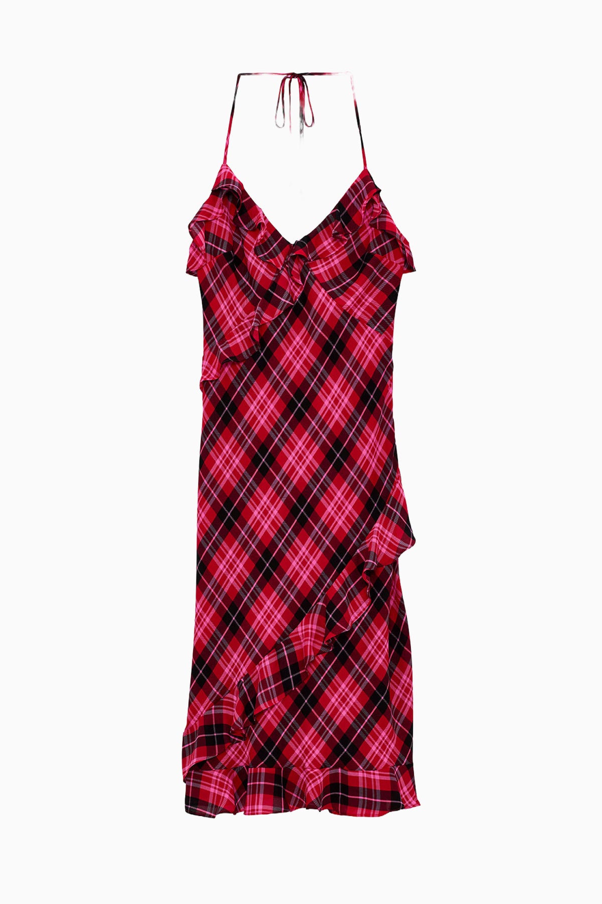 Red tartan plaid chiffon midi dress with ruffle cascade and V neckline