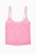 Pink printed lace tank top with thin straps and scoop neckline
