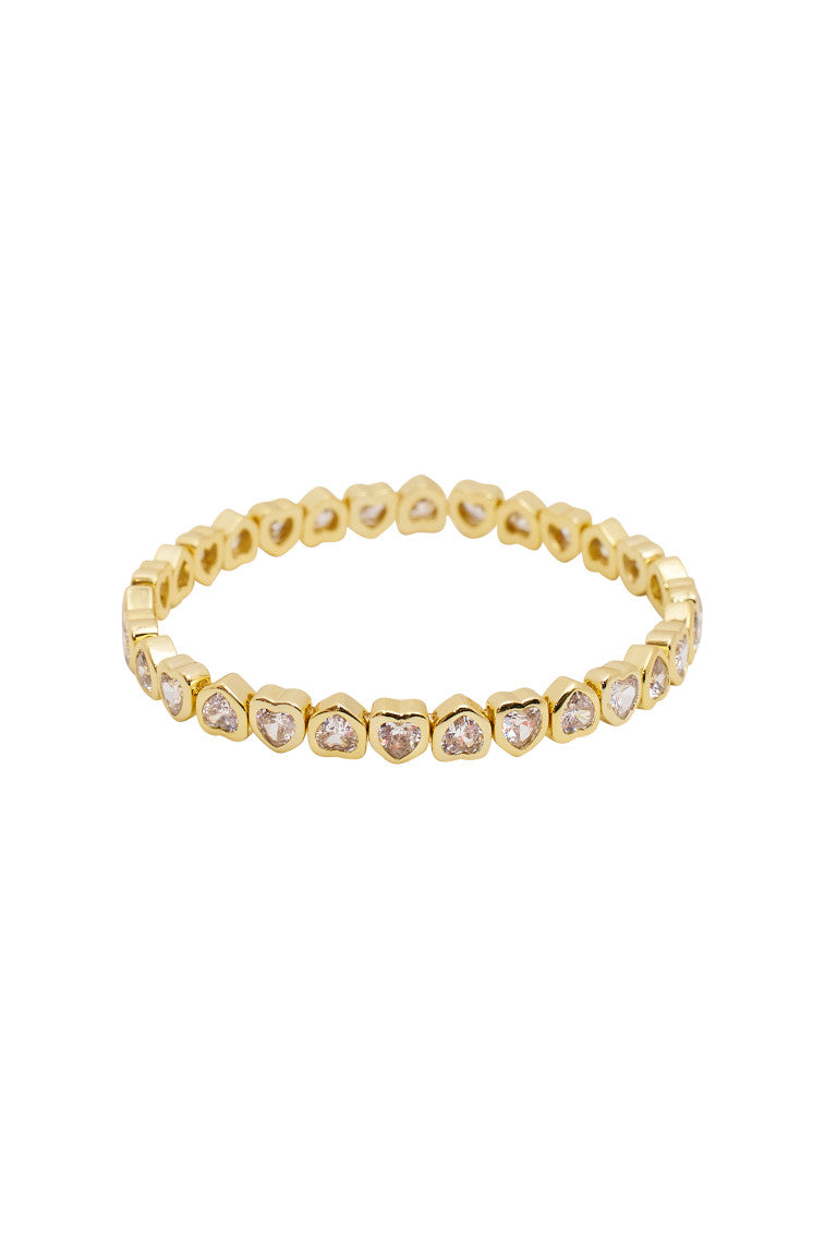 Gold tone heart stretch bracelet with mixed pink, white, and blue hearts