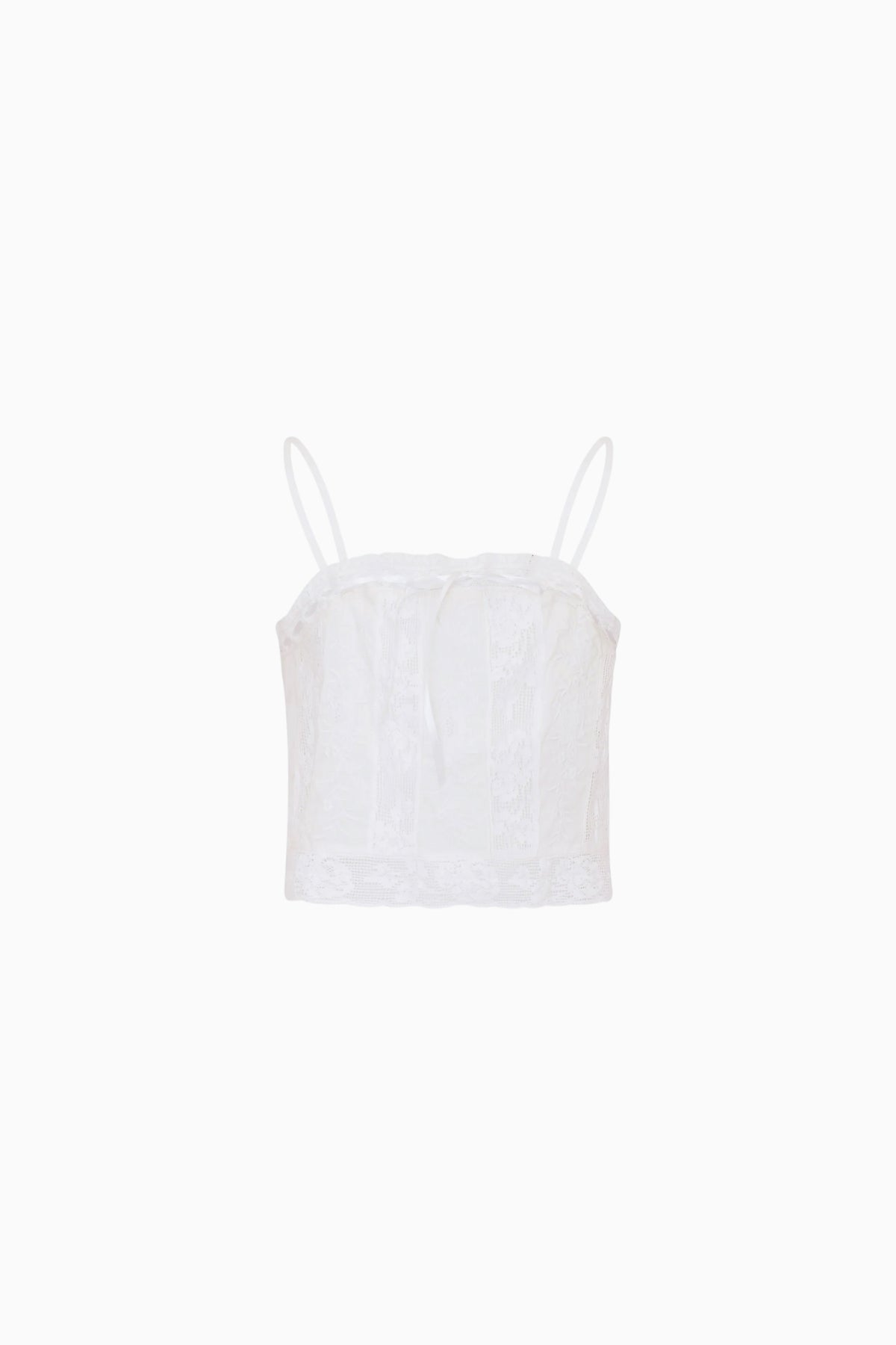 Girls white cotton lace camisole top with thin spaghetti straps and gathered bust