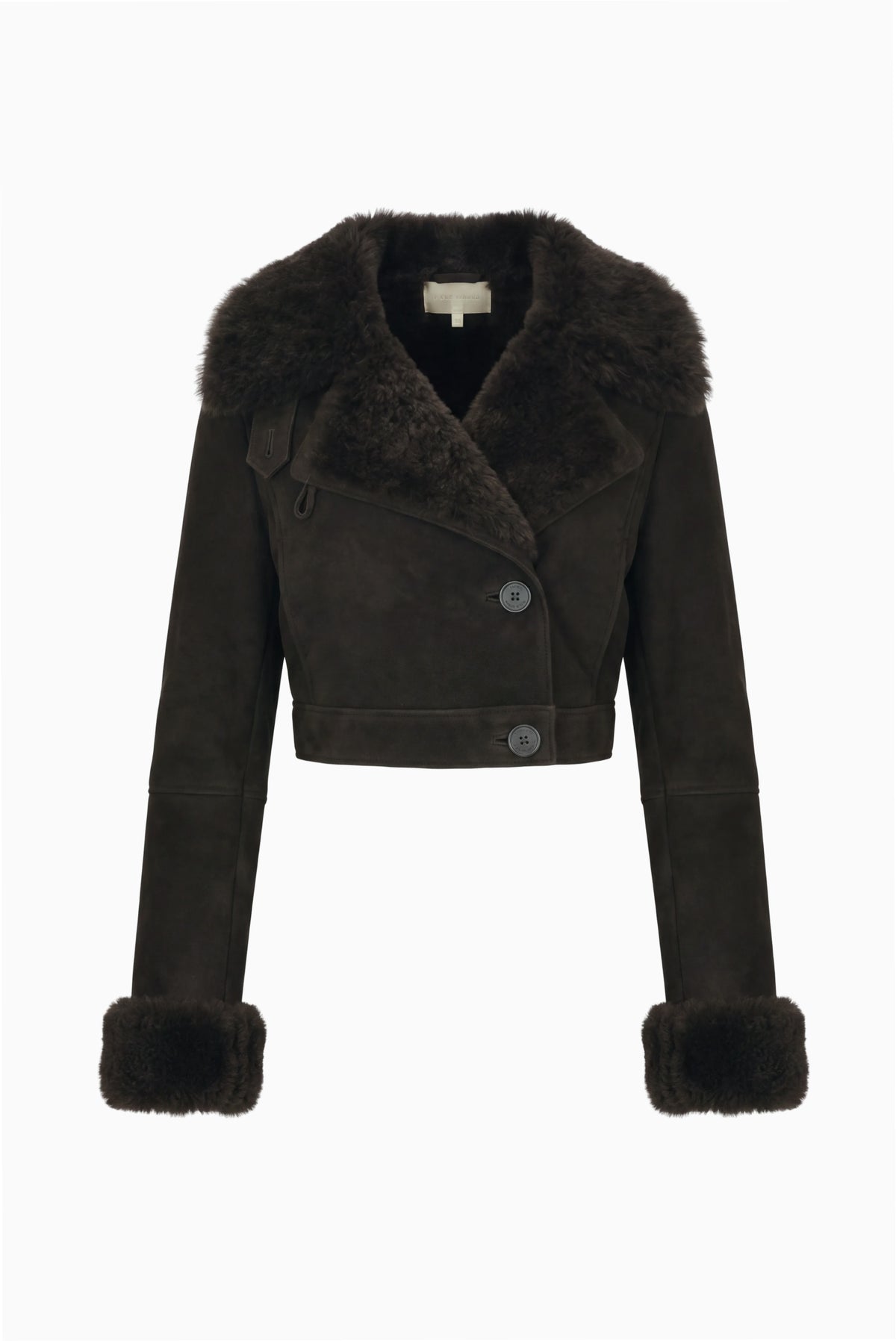Flat-lay dark cropped shearling jacket with fur collar and button closure
