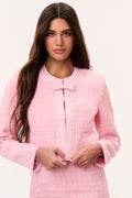 Pink tweed jacket with pearl detailing, open collar and front zip