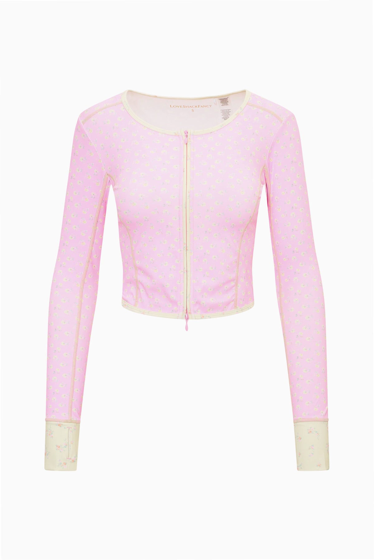 Pink patterned cropped active jacket with full front zipper and long sleeves