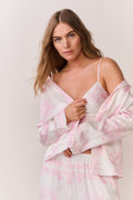 Ivory shirt with pink bandana toile print, long sleeves worn over camisole-style top
