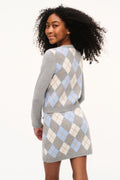 Gray knit tween skirt with light blue and white argyle pattern