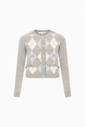 Tween argyle cardigan, crew neck, button placket and patch pockets, gray with light diamonds