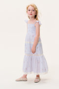 Girls’ light blue tiered stripe floral dress with smocked bodice and lace trim