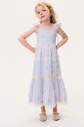 Girls’ light blue tiered floral stripe dress with puff sleeves and smocked waist
