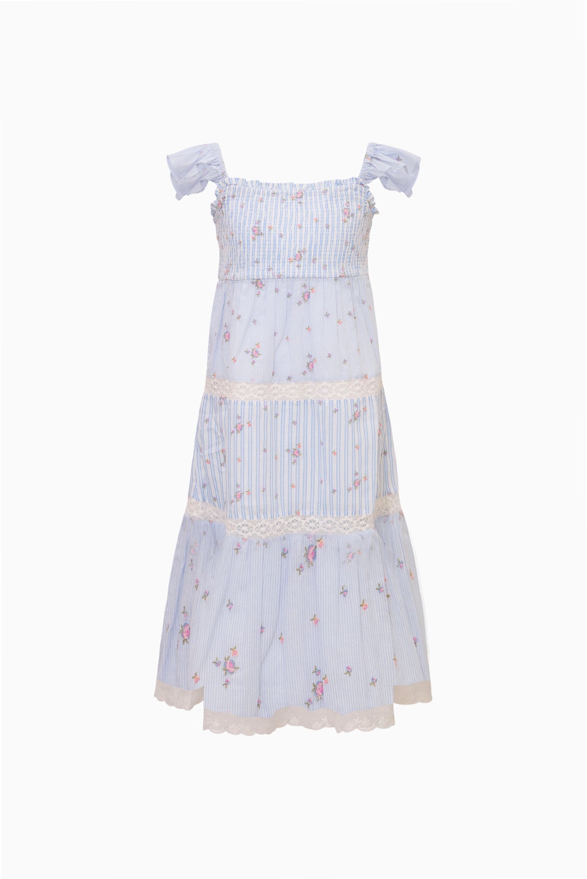 Girls’ light blue tiered floral stripe dress with puff sleeves and lace trim