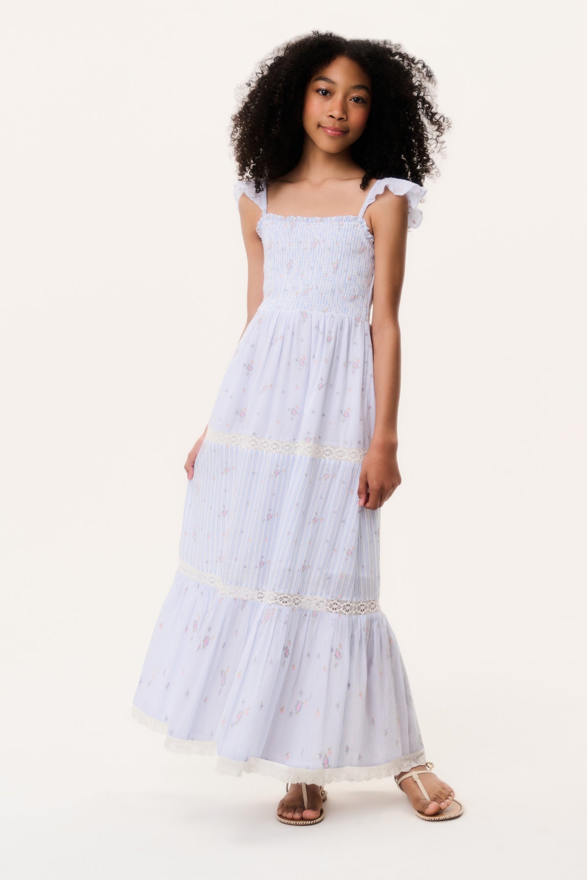 Sky mist striped floral tiered dress with square neck and cap sleeves