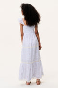 Sky mist striped floral tiered dress with square back and cap sleeves