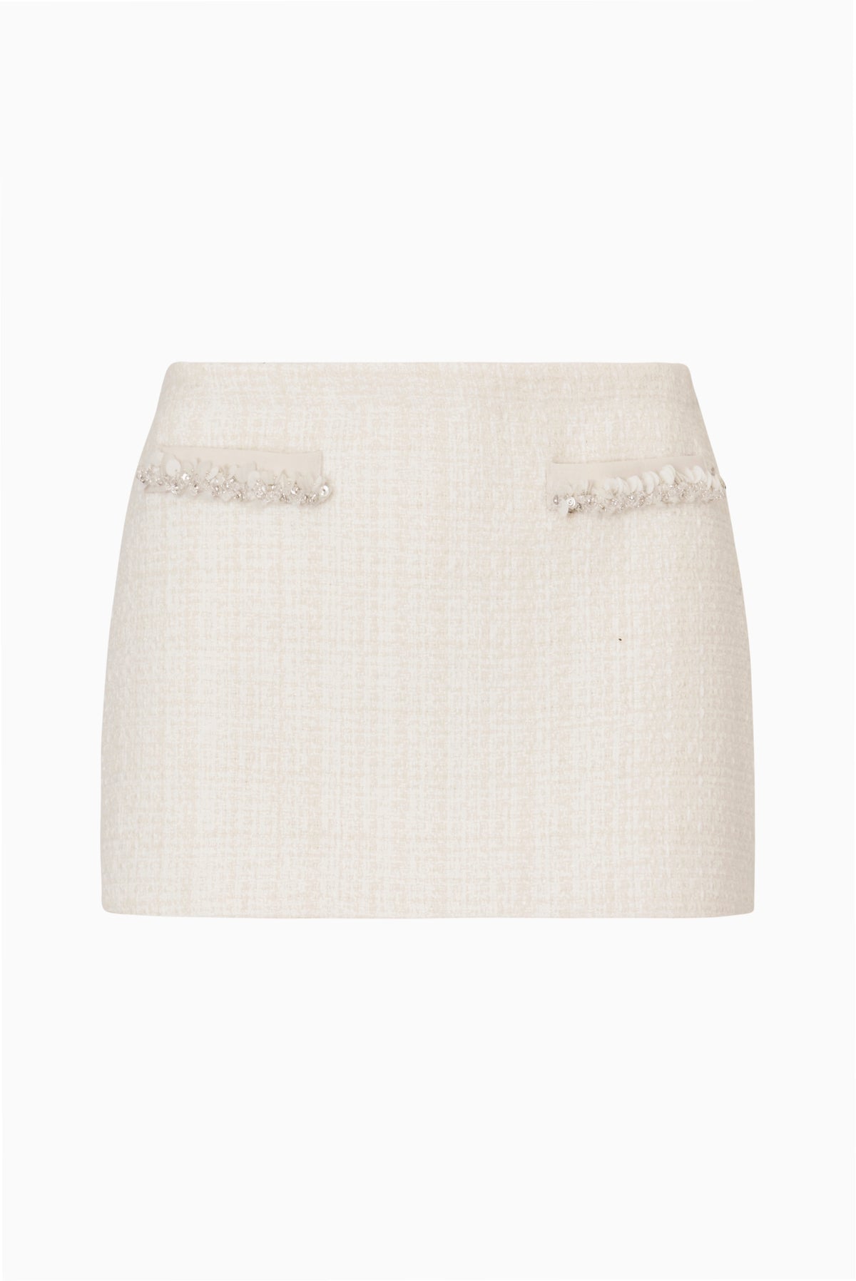 Ivory tweed mini skirt with two front slit pockets and fringe trim