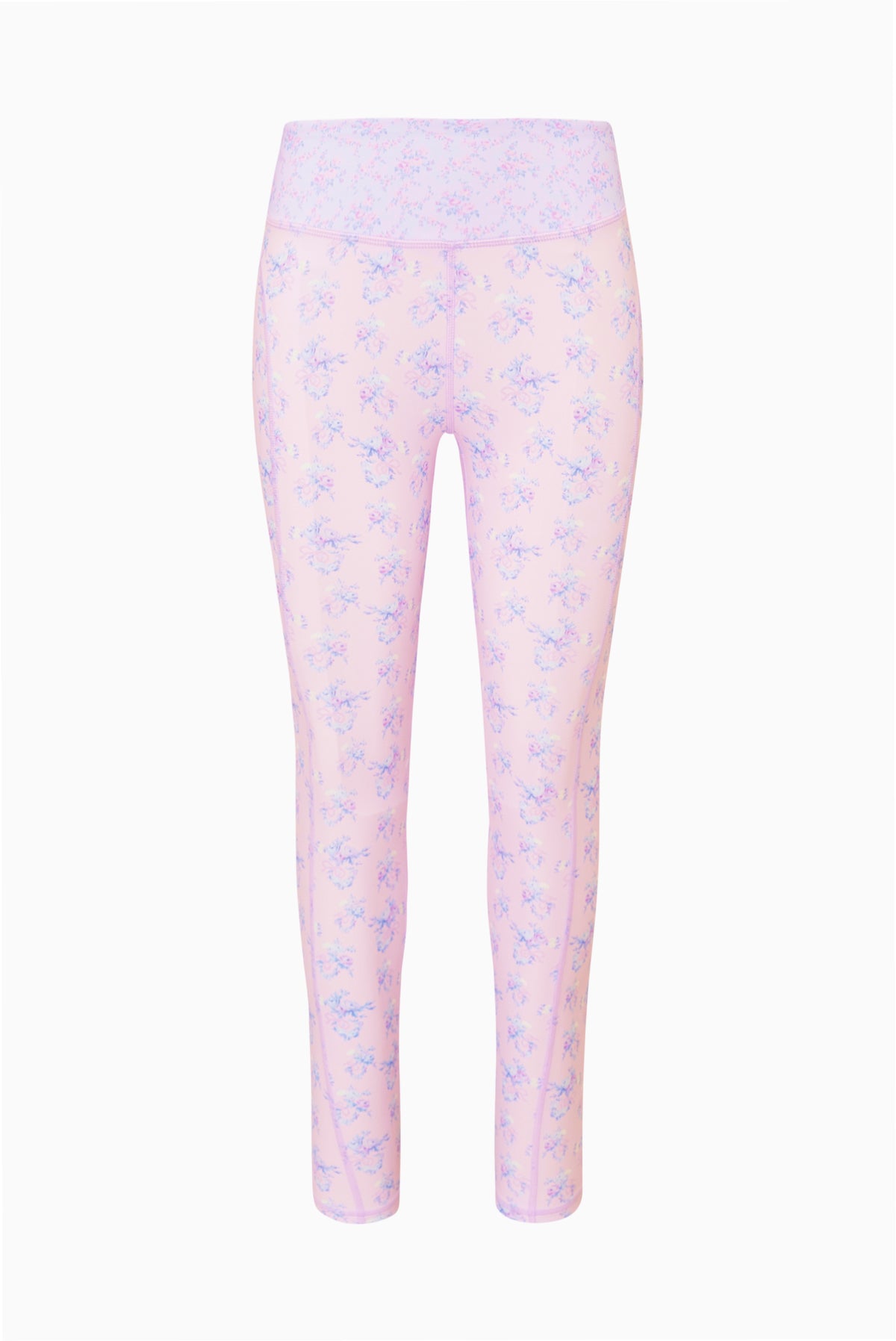 Light mauve mixed-print leggings, flat lay front view, full-length