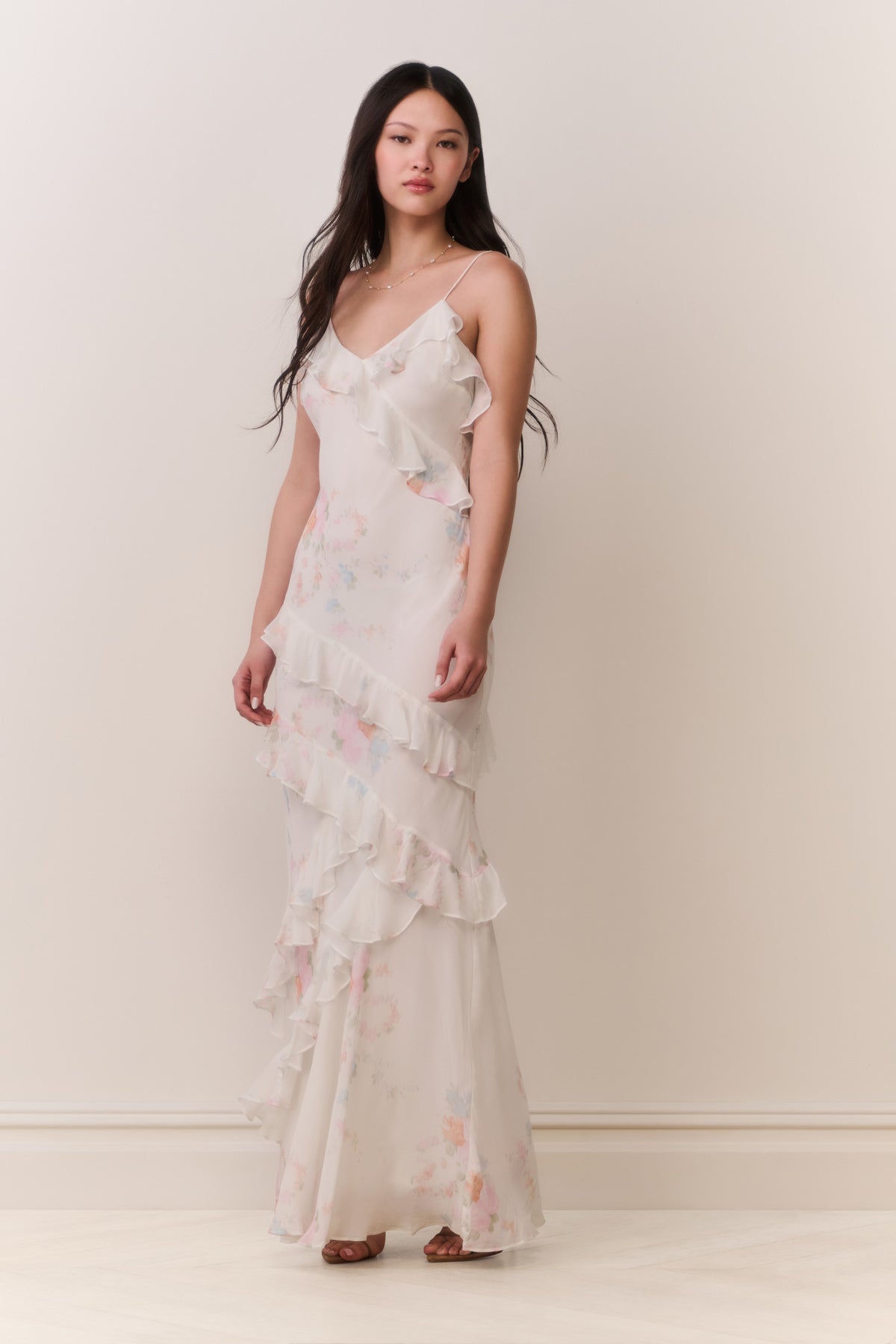 Floral print ruffle-tier maxi dress, front view, thin spaghetti straps