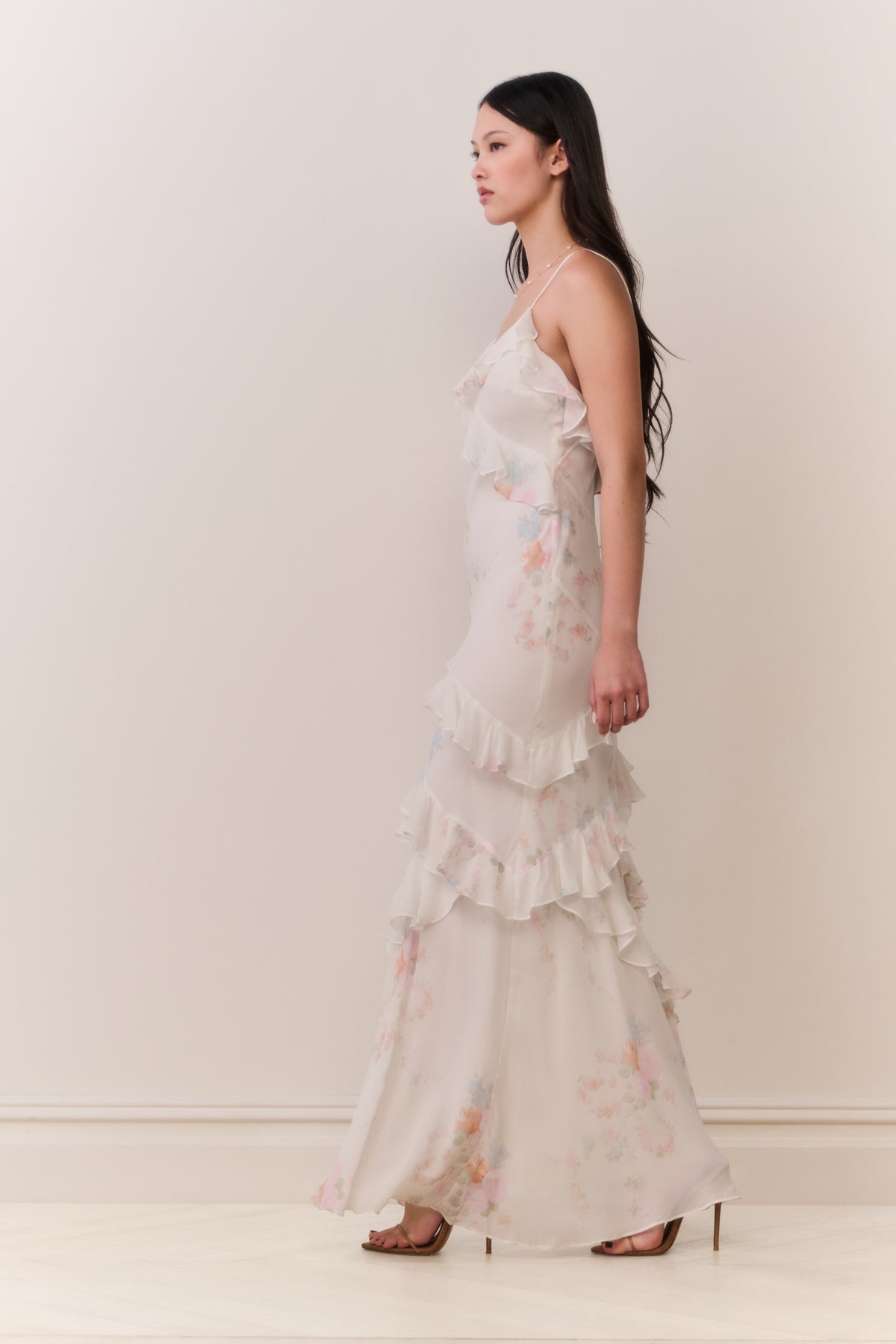 Floral print ruffle-tier maxi dress, side view, spaghetti straps