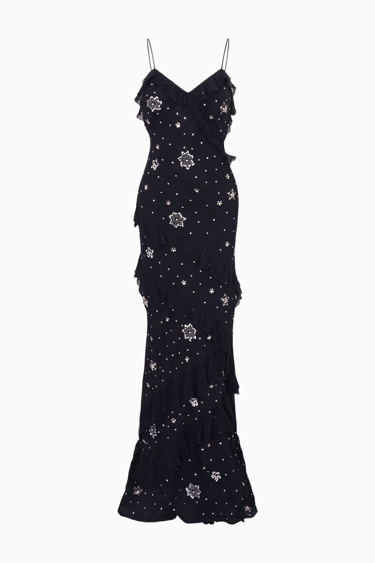 Black maxi dress flat lay with spaghetti straps and star crystal pattern; tiered skirt.