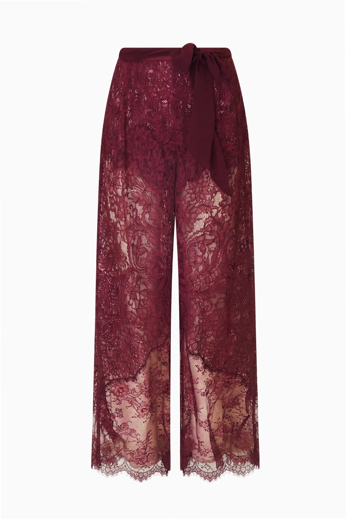 Sheer lace wide-leg pants with tied waist and scalloped hem in faded merlot.