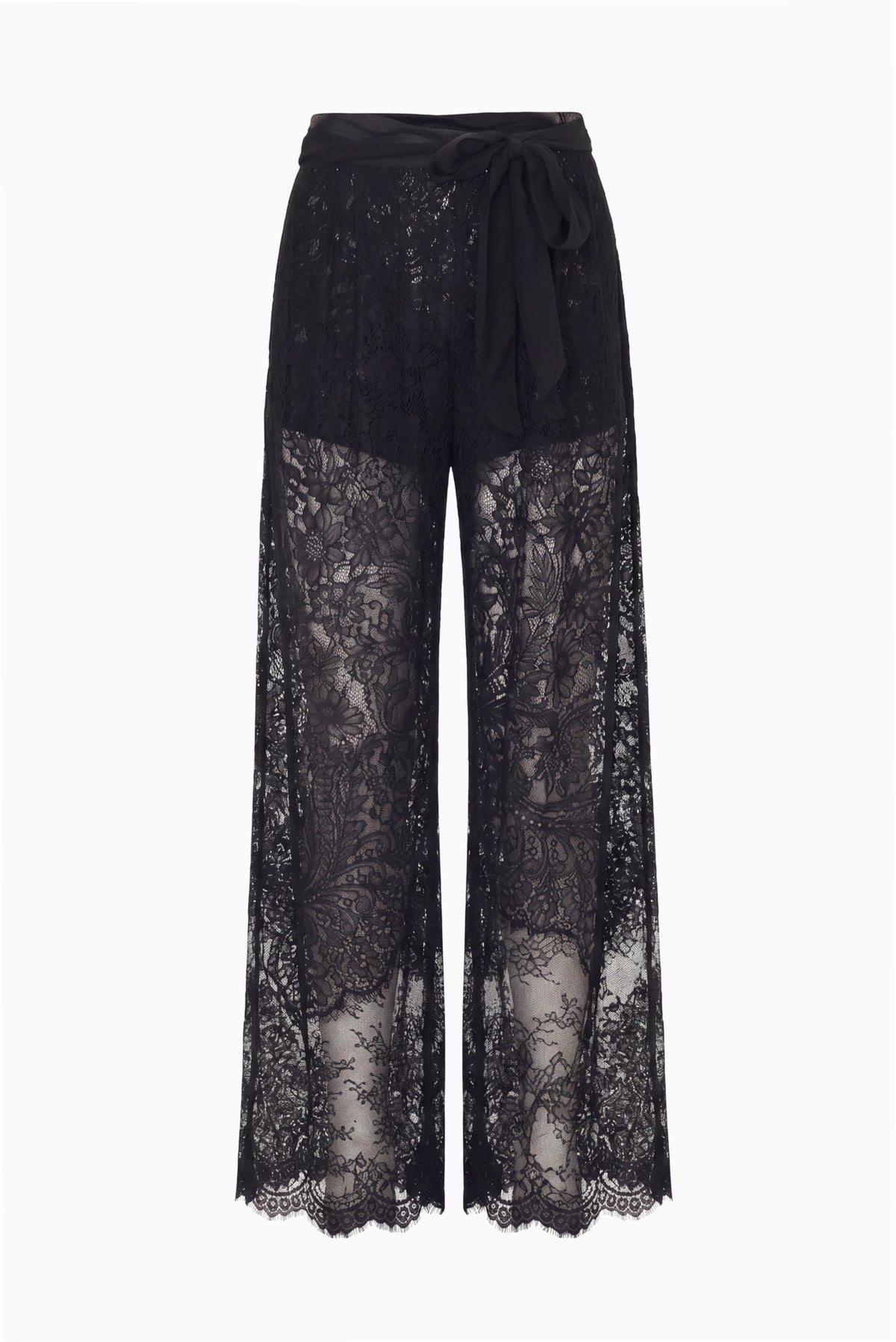 Black sheer lace wide-leg pants with tied waist and scalloped hem edge.
