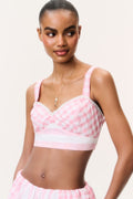 Pink seersucker bralette top with sweetheart neckline and gingham print