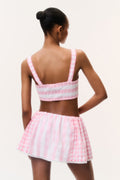 Pink seersucker bralette top with racerback straps, back view