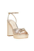 Champagne platform sandal with strappy metallic upper and ankle strap, block heel