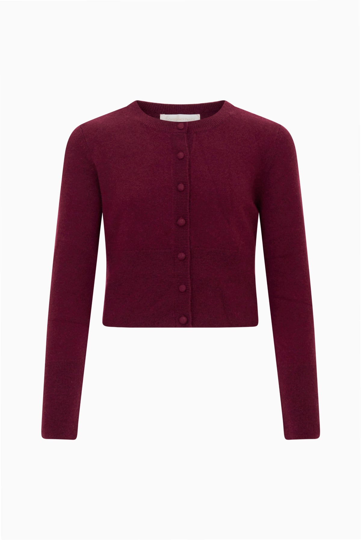 Burgundy cashmere cardigan with round neck and button front