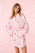 Light pink cotton bath robe with pink hearts, V-neck, and tied belt