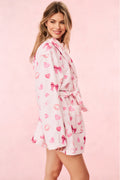 Light pink cotton bath robe with heart print, belted waist, long loose sleeves