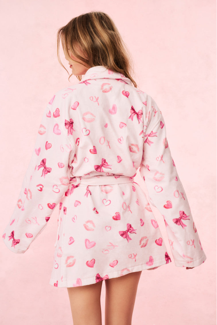 Light pink heart-pattern cotton bath robe, back view with tied waist