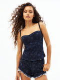 Dark blue laser-print denim bustier with spaghetti straps and fitted corset bodice