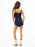 Back view laser-print denim bustier with spaghetti straps and zip closure