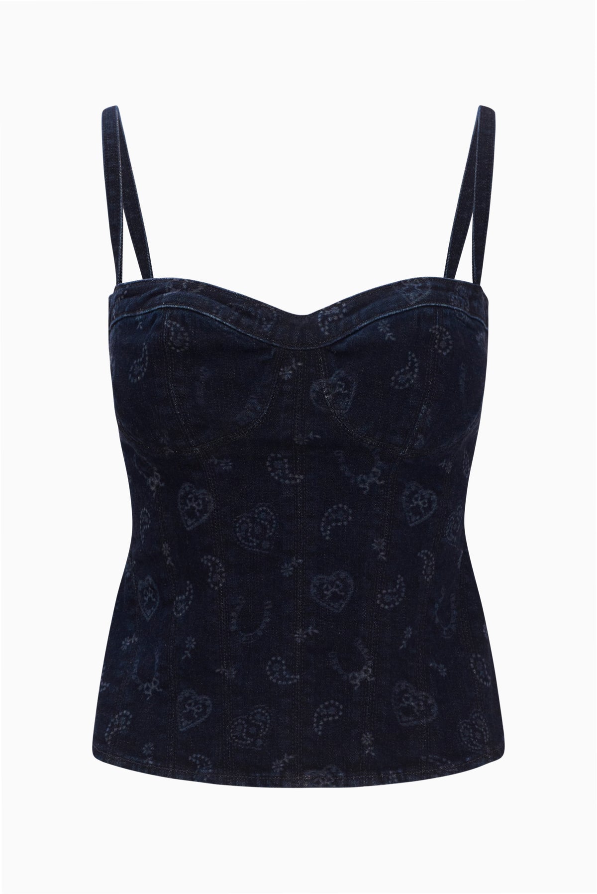 Dark blue denim bustier with sweetheart neckline, spaghetti straps, and allover laser print