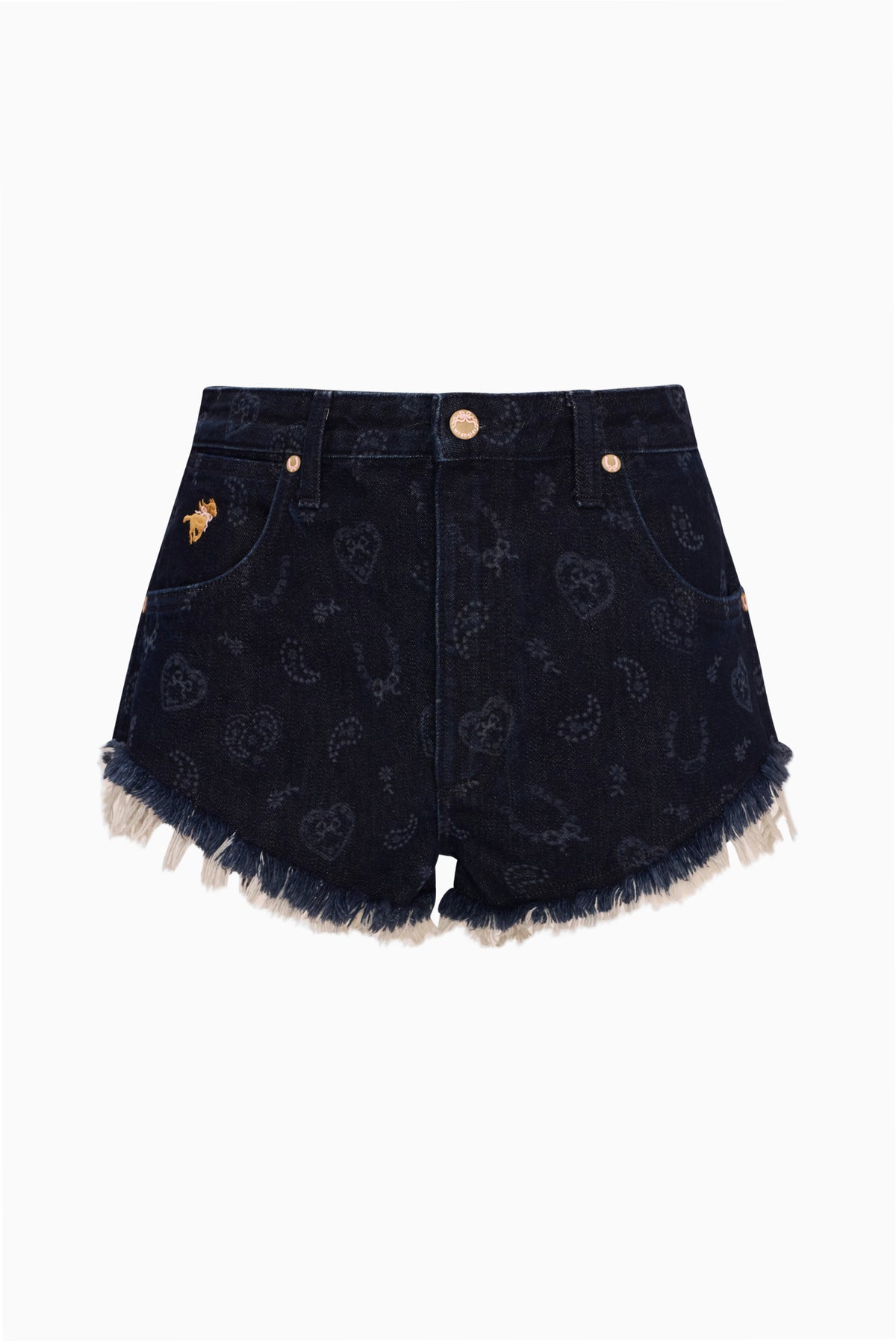 Navy laser-print denim micro shorts with frayed hem and front button closure