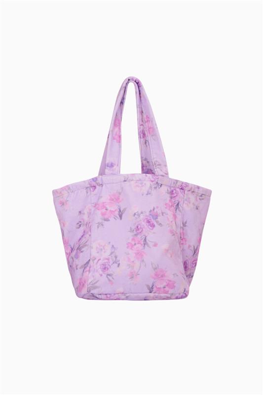 Floral print beach tote with purple handles and pink floral body