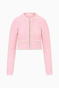 Pink knit tweed cardigan with front zipper and contrast trim pockets