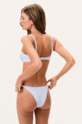 Light blue gingham bikini with back straps and matching high-cut bottoms, side view