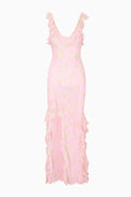 Floral chiffon maxi dress, light pink with ruffled neckline and tiered hem