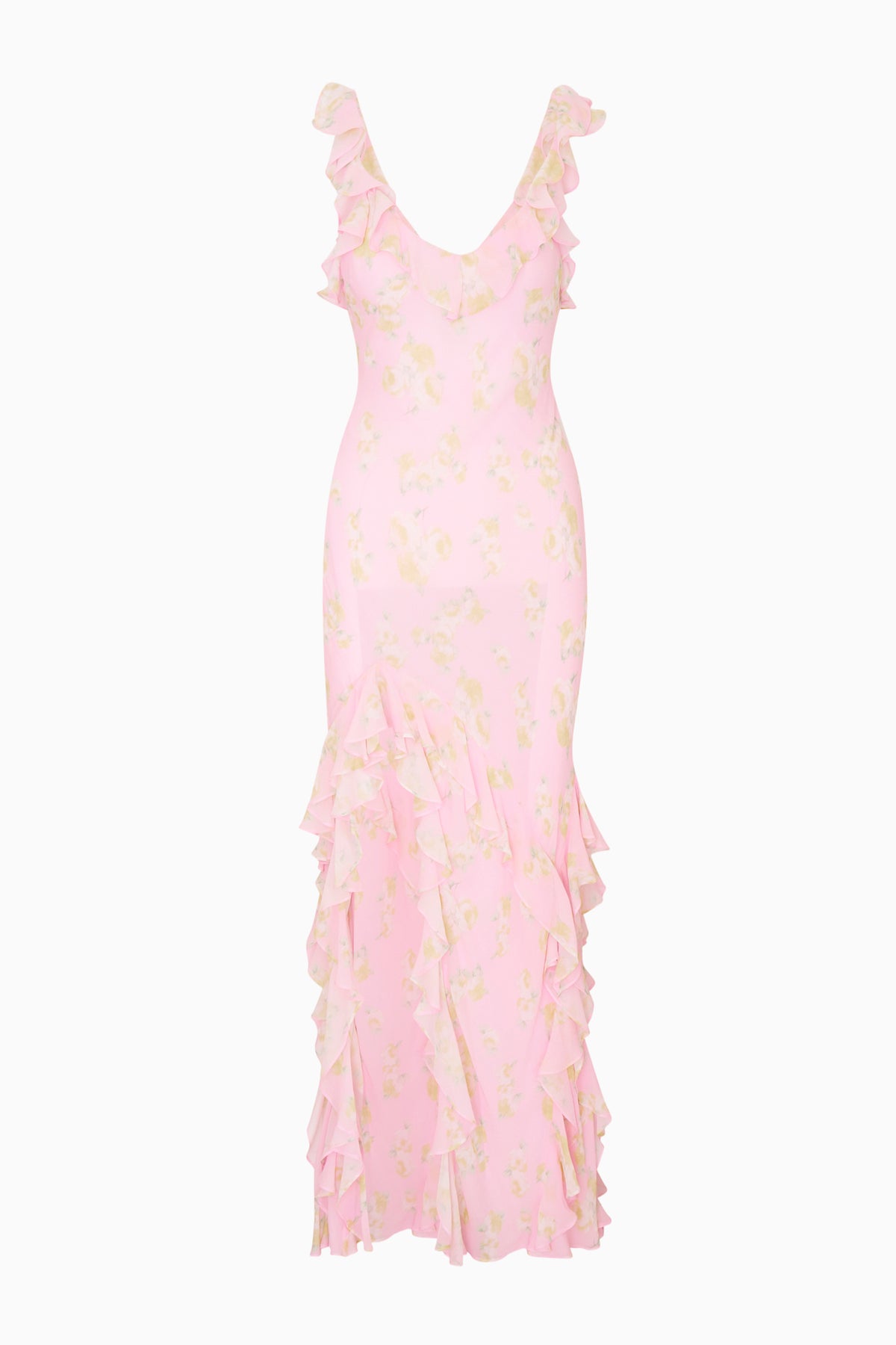 Floral chiffon maxi dress, light pink with ruffled neckline and tiered hem