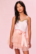 Tiered tulle skirt with ribbon bow, pale pink rose veil, layered ruffles