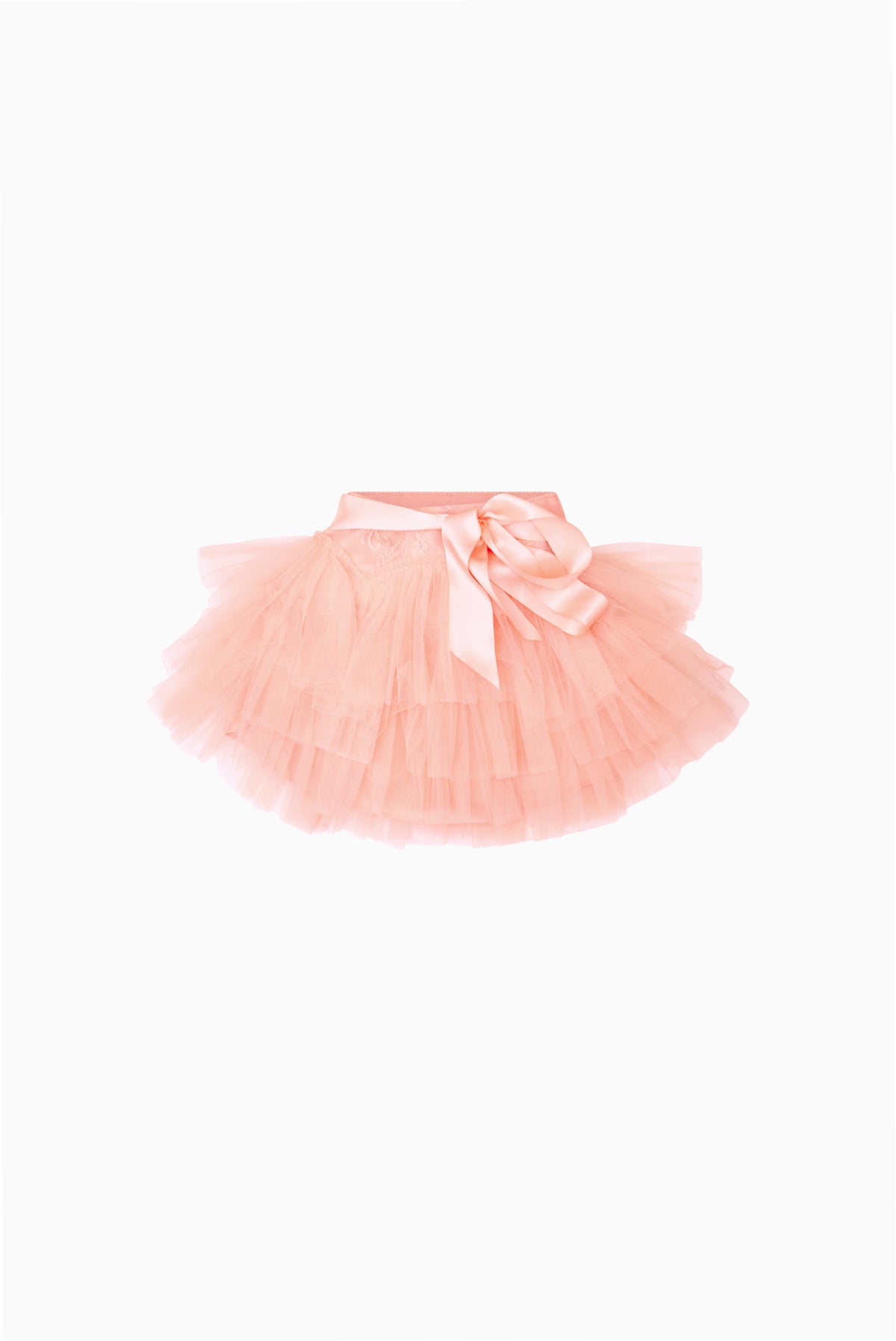 Pale pink tiered tulle skirt with satin bow at waistband, full gathered silhouette