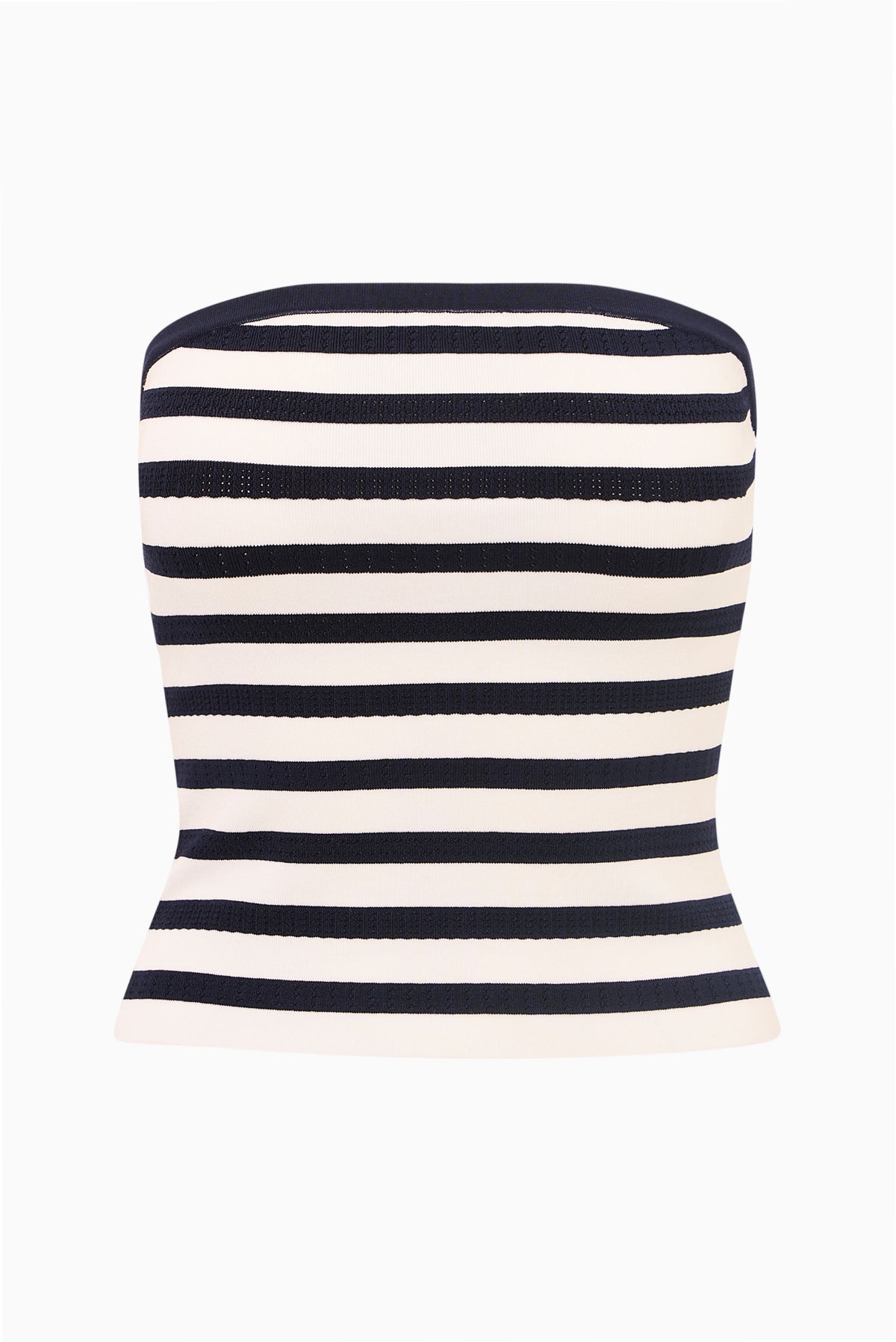 Striped strapless stretch knit tube top, navy and white horizontal bands