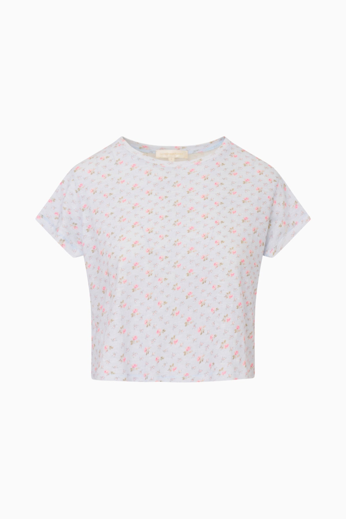 Light gray cropped tee with tiny scattered pattern, short sleeves, crew neckline